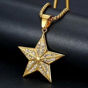 Hip Hop Iced Out Star Pendant Necklace Stainless Steel Vacuum Plating Rhinestone Pentagram Necklace For Men Women Jewelry