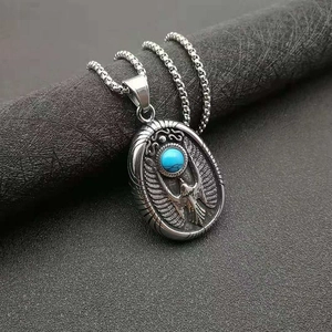 Punk vintage titanium steel necklace with turquoise eagle pendant on silver box chain