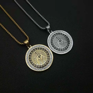 Hip Hop Stainless Steel Freemasonry Pendant Necklace For Men Women Gold Silver Round Rhinestone Pave AG Mason Jewelry