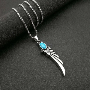 Punk vintage titanium steel feather wing necklace with polished turquoise pendant