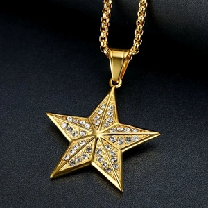 Hip hop gold plated stainless steel necklace with sparkling crystal star pendant