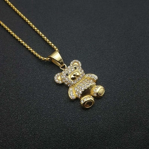 Collar con Colgante de Oso Iced Out Hip Hop para Hombre y Mujer de Acero de Titanio Chapado en Oro con Estrás
