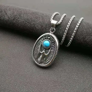 Punk vintage titanium steel eagle pendant necklace with polished turquoise stone