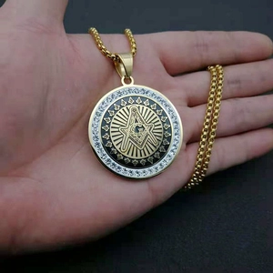 Gold plated stainless steel Freemasonry G pendant necklace with white crystals