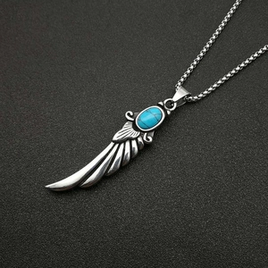 Vintage stainless steel wing pendant necklace with turquoise stone on box chain