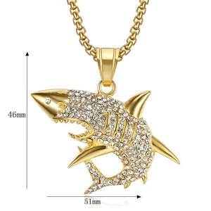 Detail of hip hop shark pendant showing 46mm by 51mm size and gold plated zircon stones