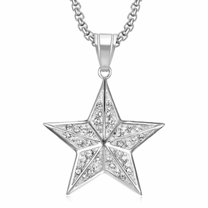 Hip hop silver star pendant necklace featuring sparkling crystals and heavy curb chain