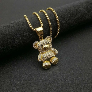 Collar con colgante de oso hip hop dorado con circonitas blancas y cadena de caja