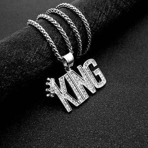 Hip-hop silver KING crown pendant necklace with iced out crystals on Spiga wheat chain