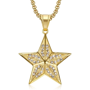 Hip hop style gold-plated stainless steel star pendant necklace with cubic zirconia