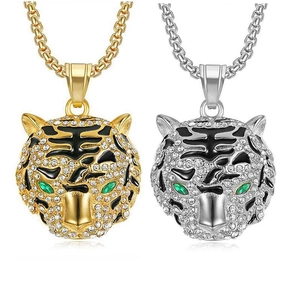 Collier Pendentif Tête de Tigre Hip Hop pour Hommes Femmes Acier Titane Or Argent Plaqué Strass Pendentif Animal Bijoux de Fête