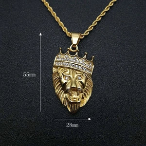 Iced out gold crown lion head pendant necklace with twist chain for men hip hop style
