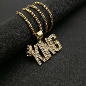 Hip hop gold plated stainless steel KING pendant necklace with crown and CZ stones