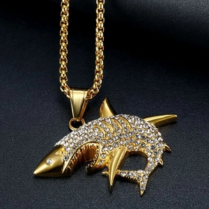 Hip hop gold plated stainless steel great white shark pendant necklace with diamonds