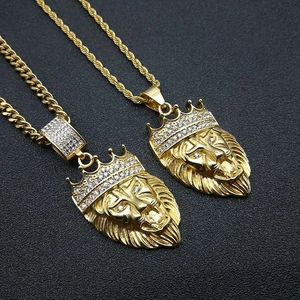 Hip Hop Lion Head Crown Pendant Necklace Titanium Steel Gold Plated Rhinestone Animal Pendant Bold Men Jewelry Gift