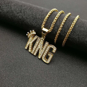 Gold plated hip hop KING pendant necklace with crown design and sparkling crystals