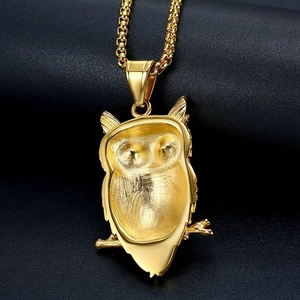 Hip hop vergulde uil hanger ketting met getextureerde achterzijde en strakke box-ketting