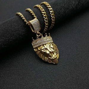 Hip hop lion head necklace with crown pendant and gold plated Cuban chain