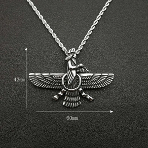 Detail of Faravahar pendant in vintage silver finish measuring 60mm wide by 42mm high