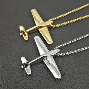 Minimalist gold and silver airplane pendant necklaces with polished box chains
