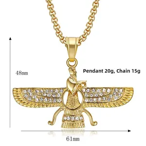 Detailed view of Faravahar gold pendant with dimensions 48mm by 61mm and weight specs