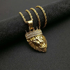 Hip hop gold plated stainless steel lion head pendant necklace with crown and crystals