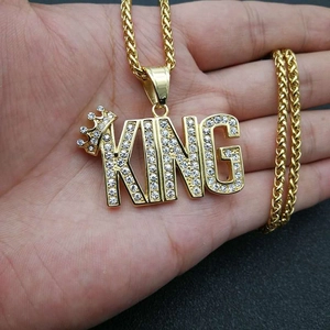 Hip hop gold plated stainless steel KING pendant necklace with iced out rhinestones