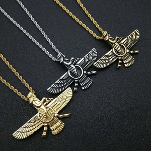 Persian Faravahar Pendant Necklace Stainless Steel Gold Silver Winged Human Figure Zoroastrianism Hip Hop Jewelry Gift For Men Women