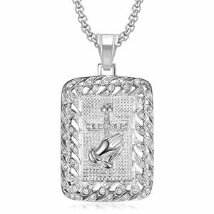 Collier en acier inoxydable argenté avec pendentif mains en prière et cristaux blancs