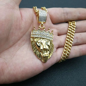 Hip hop gold lion head pendant necklace with iced out crown on heavy cuban chain