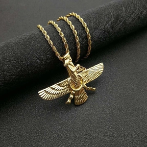 Golden Faravahar pendant necklace with textured wings and classic rope chain