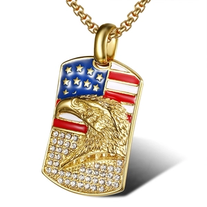 Gold-plated stainless steel eagle pendant with American flag enamel and zircon stones