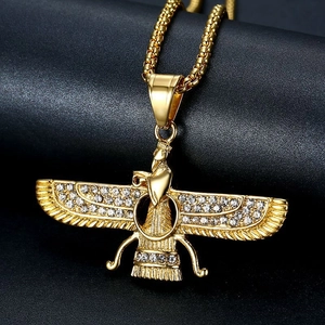 Golden Faravahar Zoroastrianism pendant necklace with sparkling rhinestones on black background