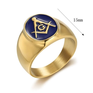 Gold Freemason ring with blue enamel G symbol and brushed stainless steel finish, 15mm face