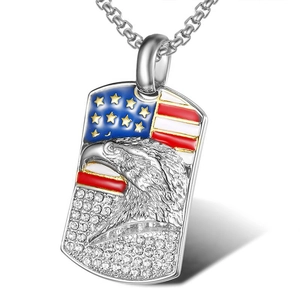 Titanium steel gold-plated necklace with eagle pendant featuring flag and rhinestones
