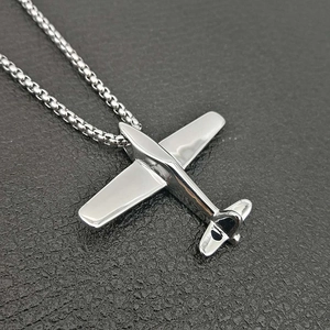 Silver polished airplane pendant necklace with stainless steel box chain for men and women