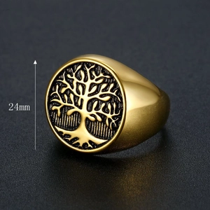 24mm gold plated stainless steel tree of life signet ring for men with black relief detail