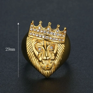 Men's gold plated titanium steel lion head crown ring with white crystal stones 29mm height