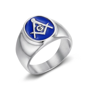 Men's hip hop Masonic ring in silver stainless steel with blue enamel and G symbol