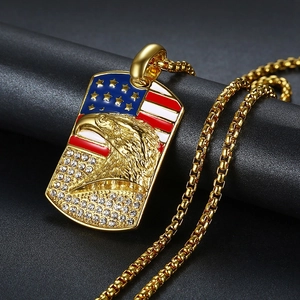 Hip Hop Titanium Steel American Flag Eagle Pendant Necklace Enamel Iced Out Rhinestone Electroplated Jewelry Dog Tag For Men