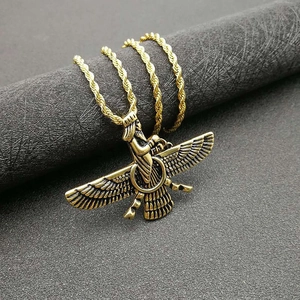 Gold plated Faravahar Persian pendant necklace with detailed wings and rope chain