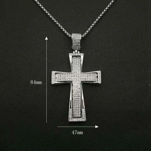 Hip hop silver cross pendant necklace with clear zircon stones, 84mm height by 47mm width