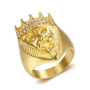 Hip hop gold plated stainless steel crown lion head ring with sparkling cubic zirconia stones