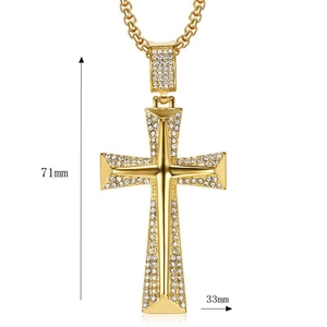 Pendentif croix hip hop en acier doré avec cristaux blancs hauteur 71mm