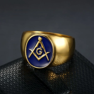 Masonic Signet Ring Men Titanium Steel Gold Silver Plated Blue Enamel Freemasonry Square Compasses Hip Hop Ring Jewelry