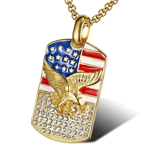 Collier plaque militaire hip hop avec pendentif aigle et drapeau américain, doré et strass