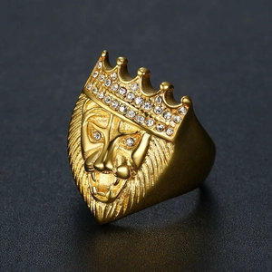 Men Hiphop Punk Gold Lion Head Ring With Rhinestone Crown Titanium Steel Biker Animal Finger Ring For Party Jewelry