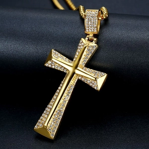 Collier Pendentif Croix Hip Hop en Acier Titane Plaqué Or avec Strass pour Hommes Femmes Bijoux Religieux