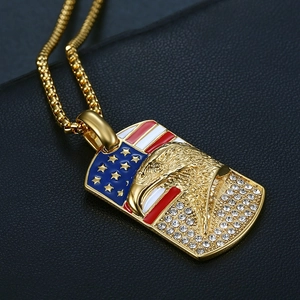 Gold titanium steel American flag eagle pendant necklace with sparkling rhinestones