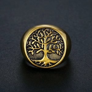 Vintage gold-plated stainless steel signet ring featuring a Tree of Life engraving